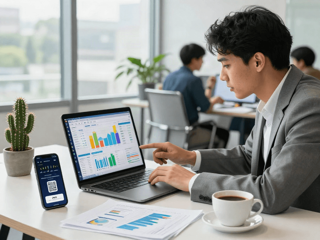 Analyzing slot deposit qris 5k payments in a modern office environment with diverse financial tools.