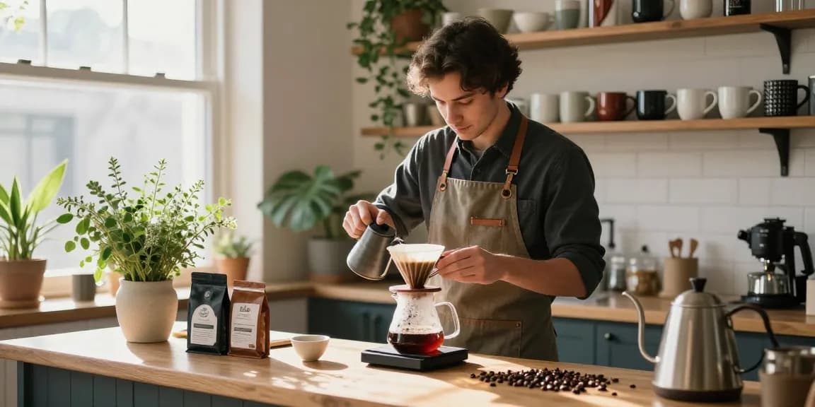 Brewing pour-over coffee with Ebb reusable filters in a bright kitchen at www.ebbfilter.com.