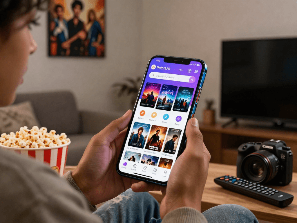 Engaging user experience with filmyzilla APK interface on smartphone, cozy movie night setup.