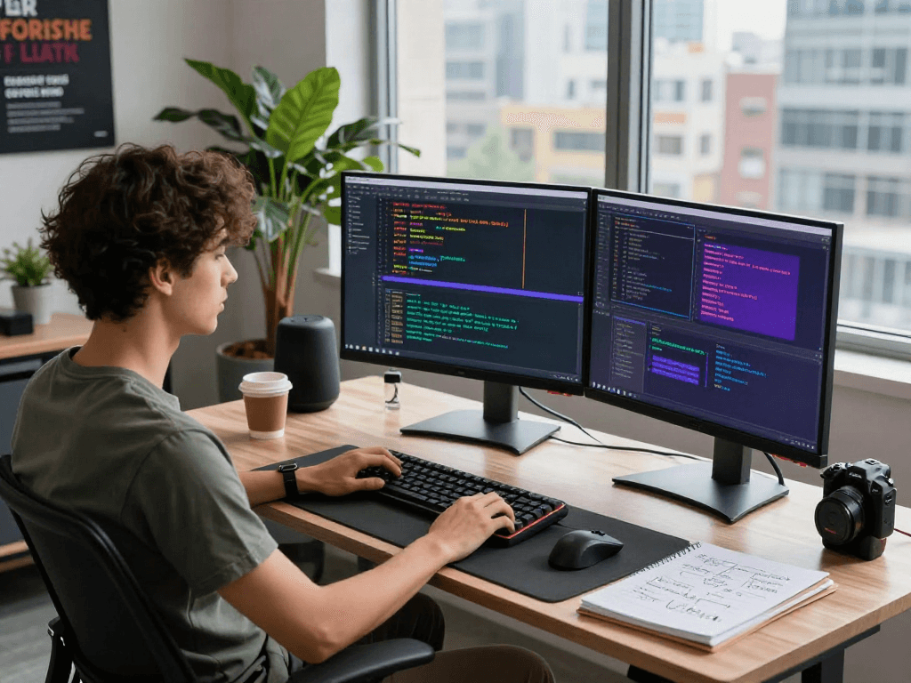 Developer at modern workspace coding on Spotify mod software, showcasing vibrant interface elements