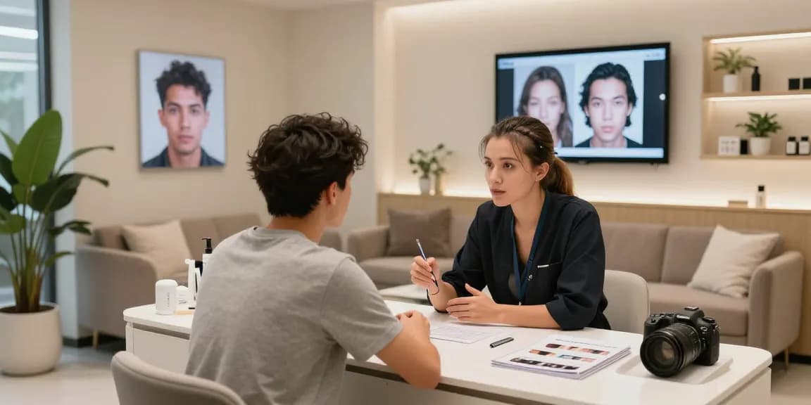 Hair transplant turkey price discussed in a modern clinic with patient and consultant.