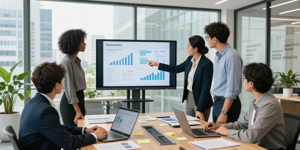 Business professionals discussing the process of buying a business in a modern office setting.