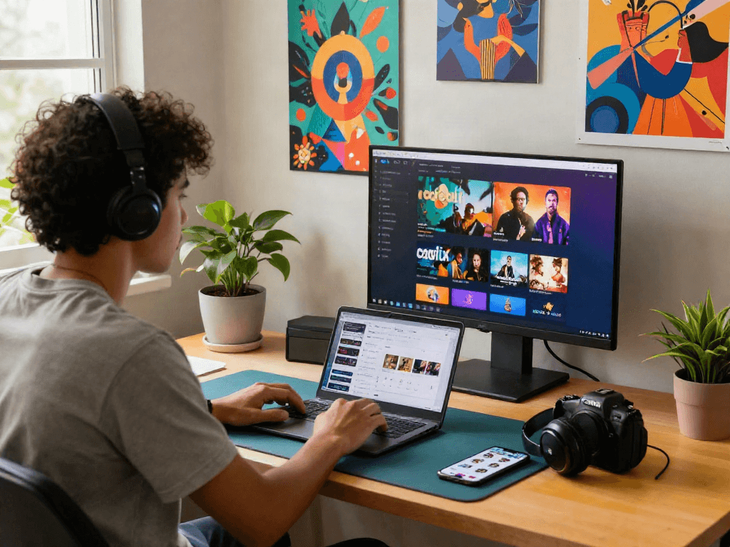 cocoflix user engaging with digital streaming content in a vibrant workspace.