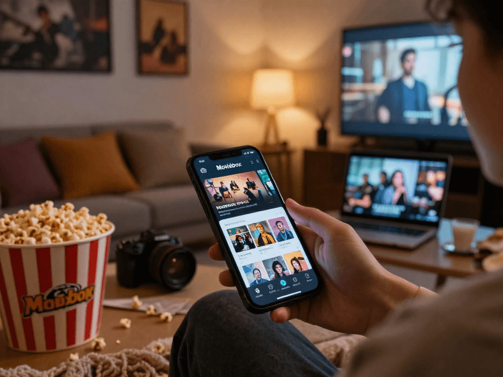 Enjoying the Moviebox app on a smartphone in a cozy living room.