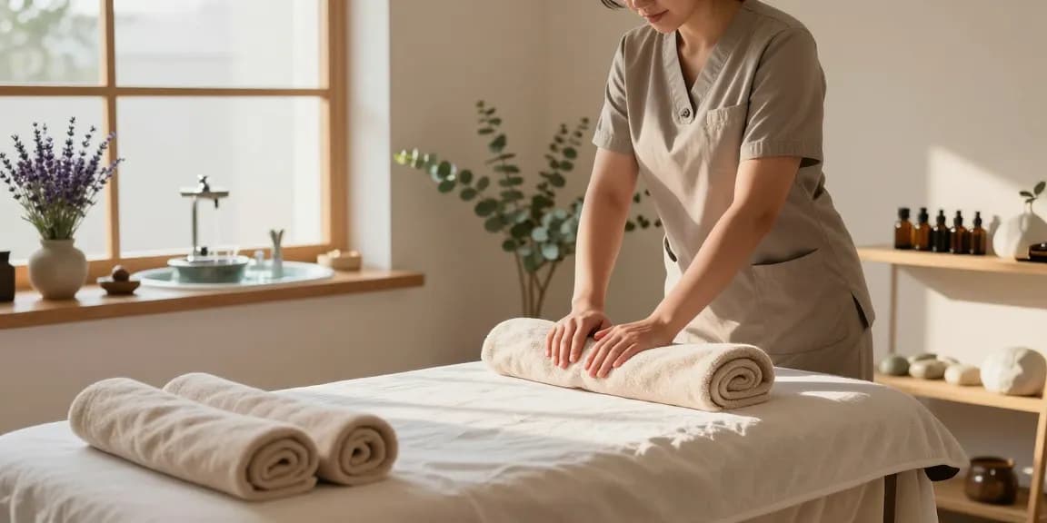 Professional massage therapist preparing calming space for 동작구출장안마 session to promote relaxation and wellness.