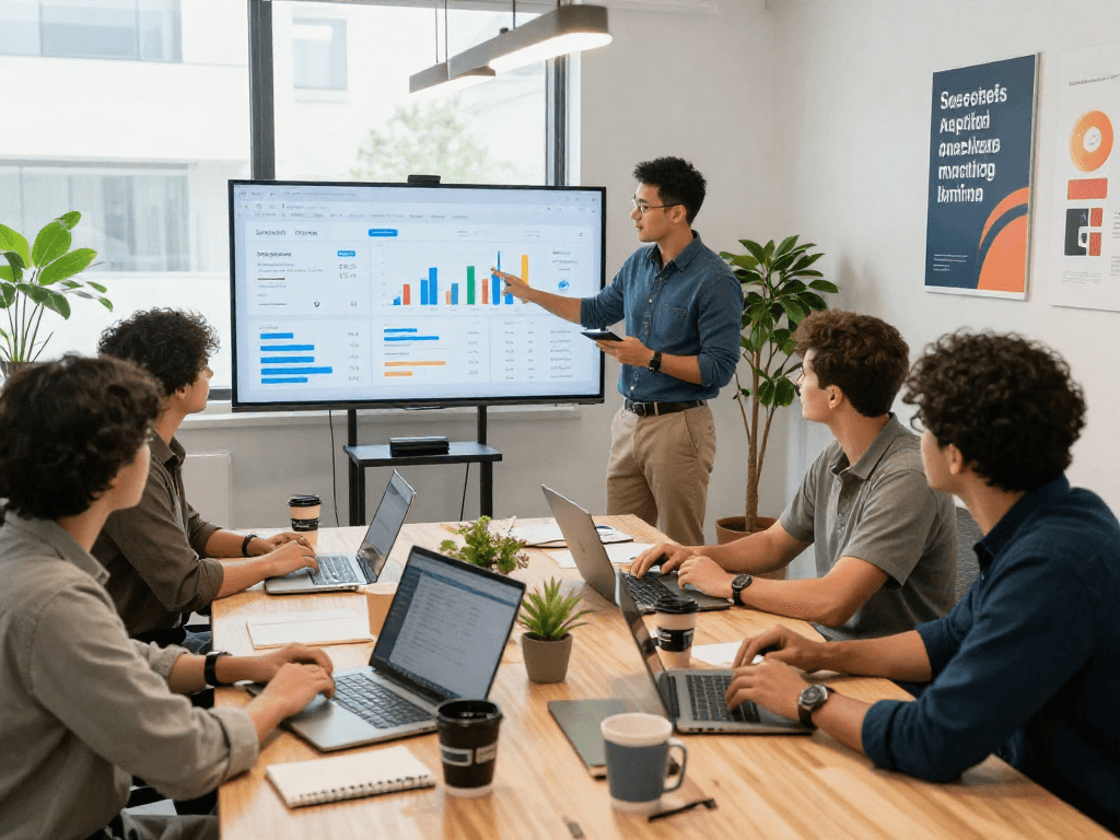 Buy app installs in a vibrant marketing workspace showcasing team collaboration and app analytics.