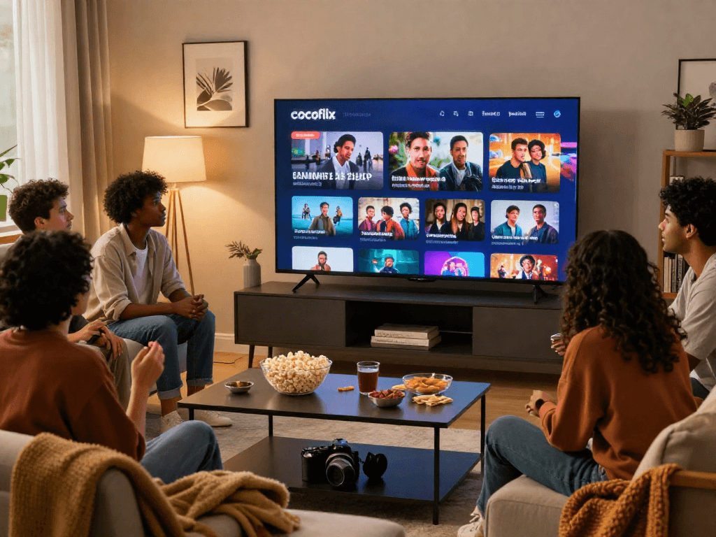 Exciting cocoflix streaming experience in a lively living room with a diverse group enjoying movies.