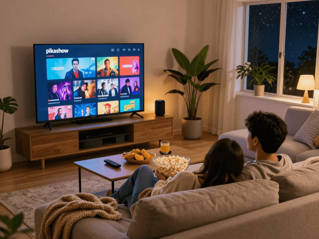 Pikashow streaming interface displayed on TV in cozy living room movie night setting with couple cuddling.