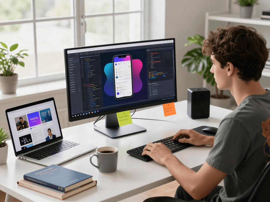 Developer coding on computer for pikashow apk in vibrant workspace.