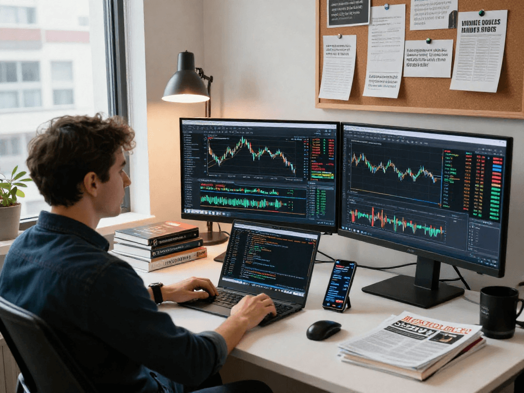 Trader analyzing markets on MetaTrader 5 with multiple monitors in a professional setup.