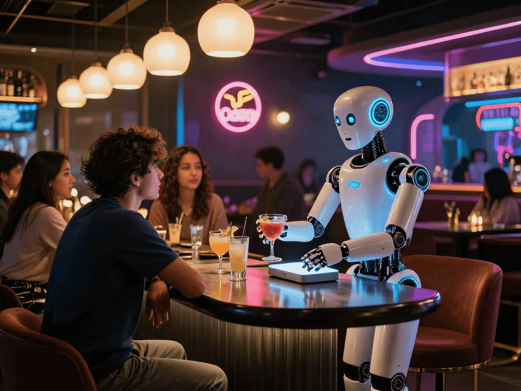 Humanoid sex bot serving drinks in a vibrant bar scene, showcasing modern nightlife.