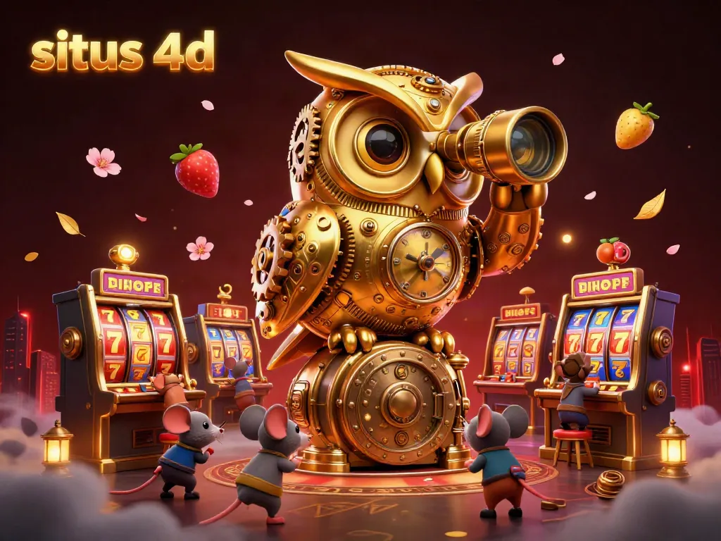 Experience the thrill of situs 4d with a vibrant 3D scene depicting an owl and mice amidst spinning reels and golden coins.