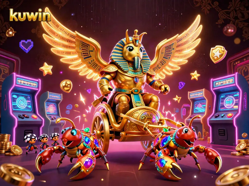 Kuwin's epic gaming adventures come alive with a golden scarab beetle and vibrant casino elements.