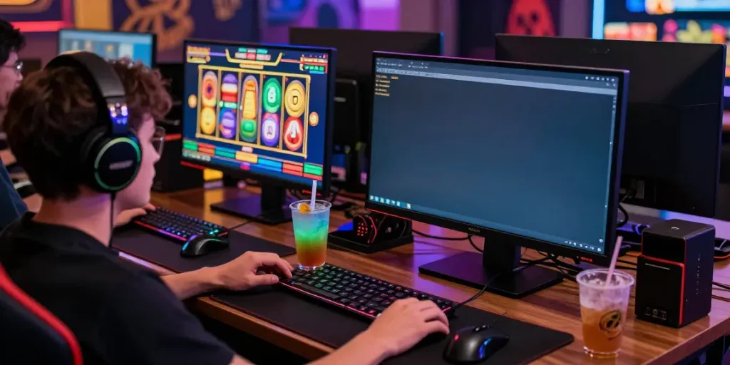 Pengalaman bermain slot online di rajalangit77 dengan suasana penuh semangat dan peralatan gaming lengkap.