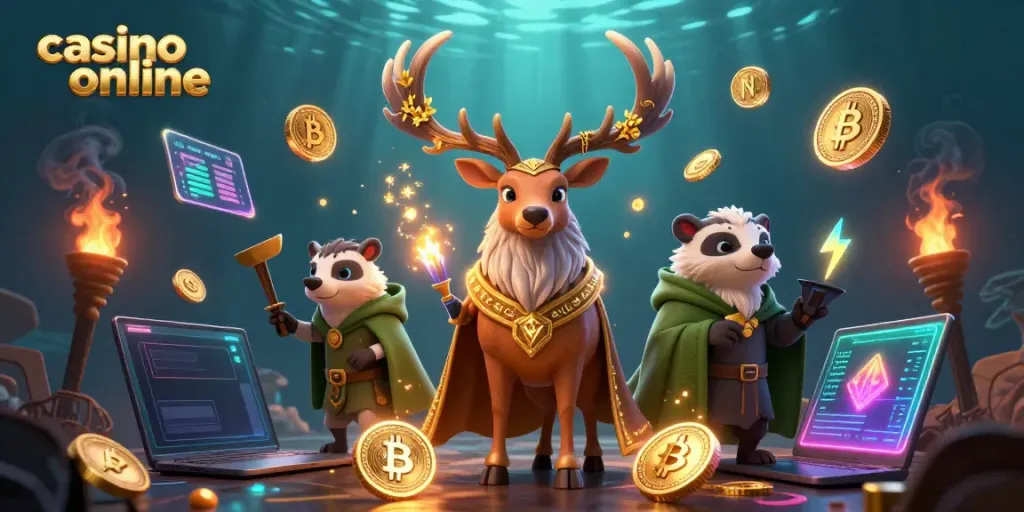 Experience casino online with a Celtic druid stag and wise badger amidst magical elements.