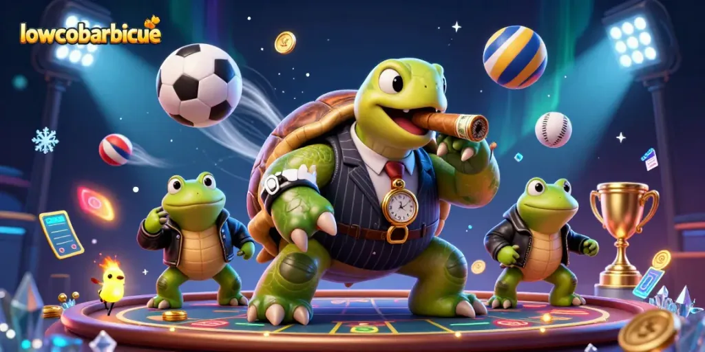Engage with lowcobarbecue's dynamic gambling scene featuring a cartoon turtle in a mobster suit surrounded by sports themes.