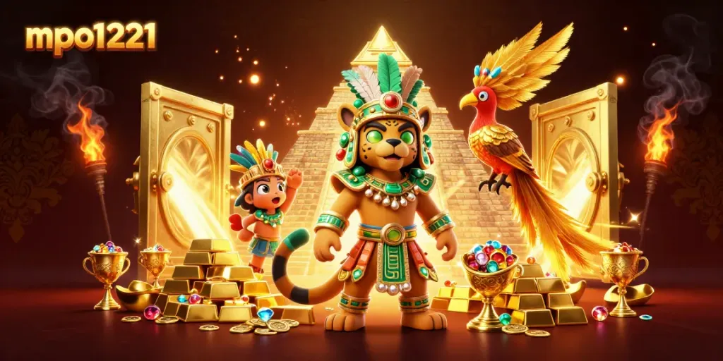 Engage with mpo1221 in a vibrant 3D casino realm featuring Mayan-inspired characters.
