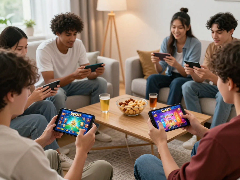 Teman-teman bermain aplikasi liga335 slot dengan perangkat mobile di ruang tamu yang nyaman.