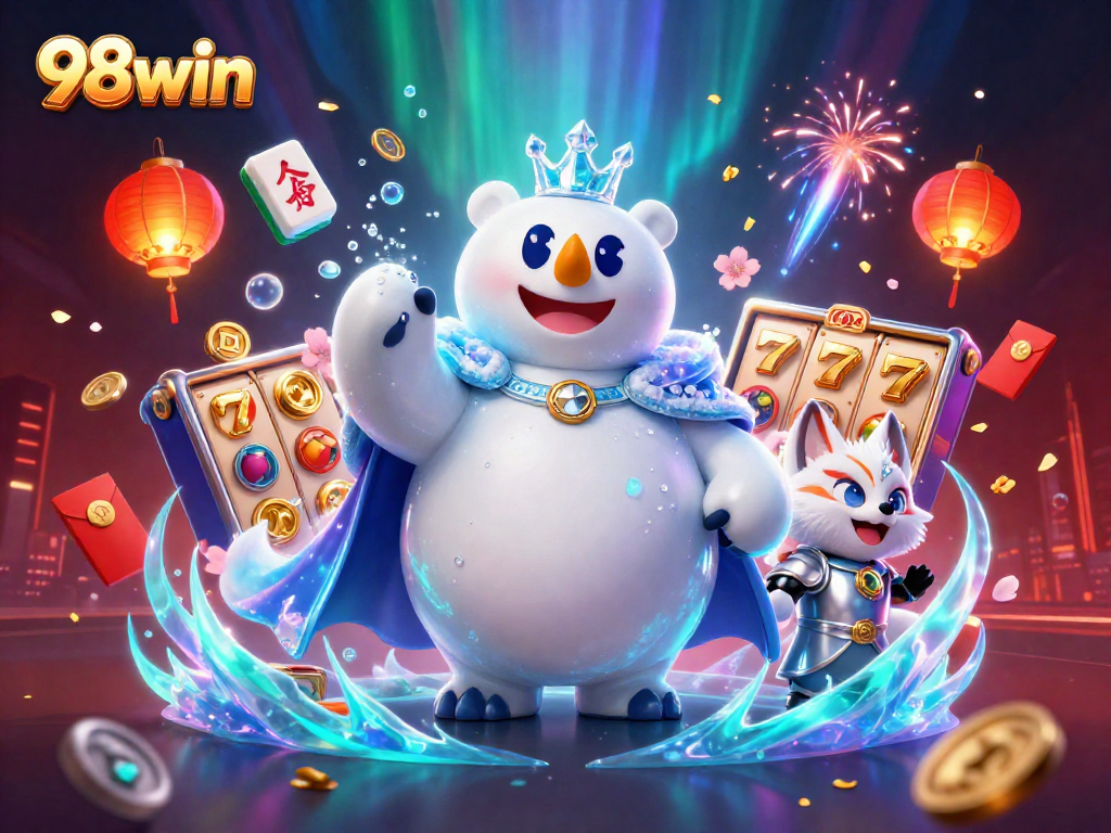 Experience 98win with this vibrant illustration of a polar bear king and snow fox in a dynamic casino scene.