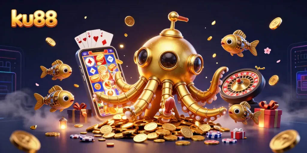 Play exciting slot games at ku88 with a vibrant 3D underwater casino scene featuring a golden kraken.