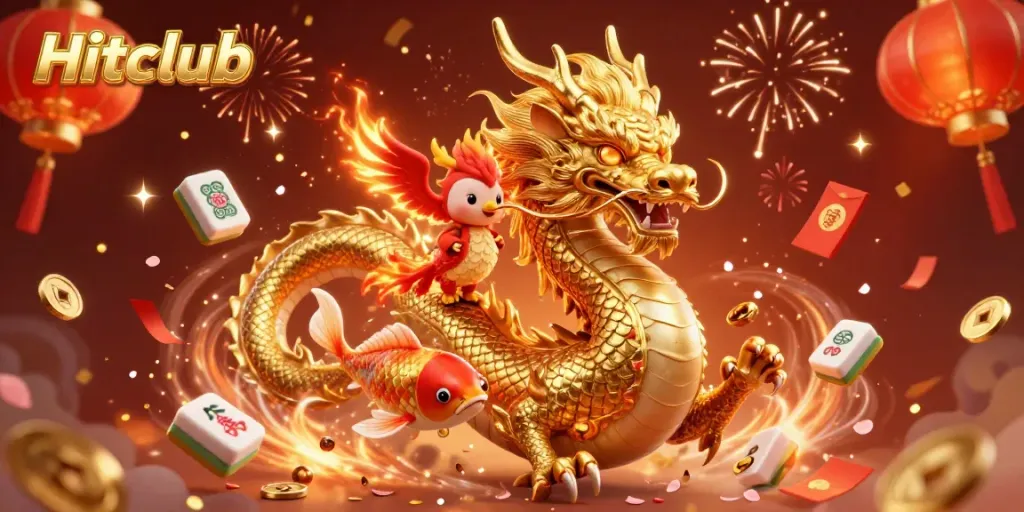 Engage in thrilling gameplay at Hitclub with vibrant visuals of a fierce dragon, phoenix, and koi fish amidst coins and festive elements.