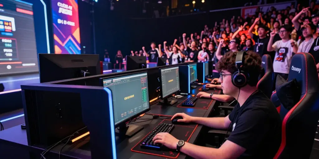 Exciting cika4d esports tournament with players competing and fans cheering in vibrant arena.