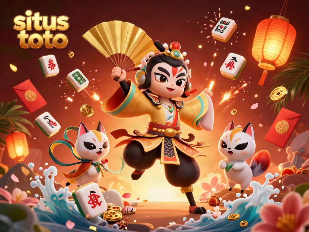 Engage in situs toto gameplay with a kabuki warrior and kitsune in a vibrant, festive setting.