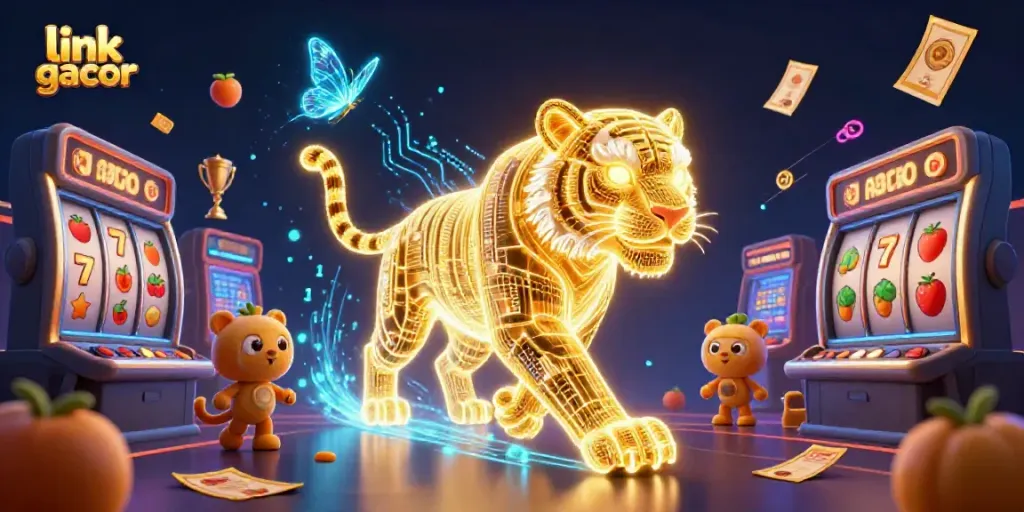 Engage with link gacor, a stunning 3D scene of a golden tiger in a digital casino rich in vibrant colors and dynamic elements.