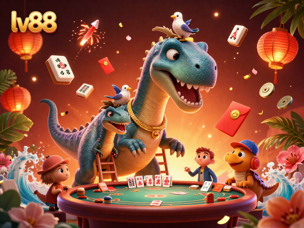 Experience the excitement of lv88 as a dinosaur watches over a lively poker game in this vibrant casino scene.