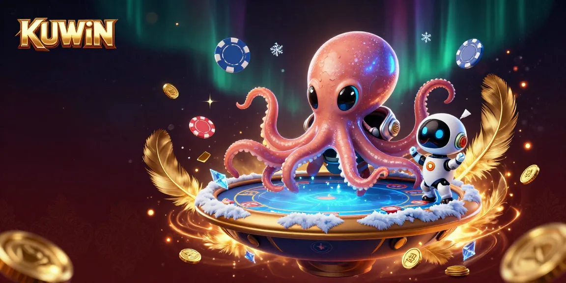 KUWIN showcases a vibrant alien octopus dealing poker at a cosmic holographic table surrounded by sparkling tokens.