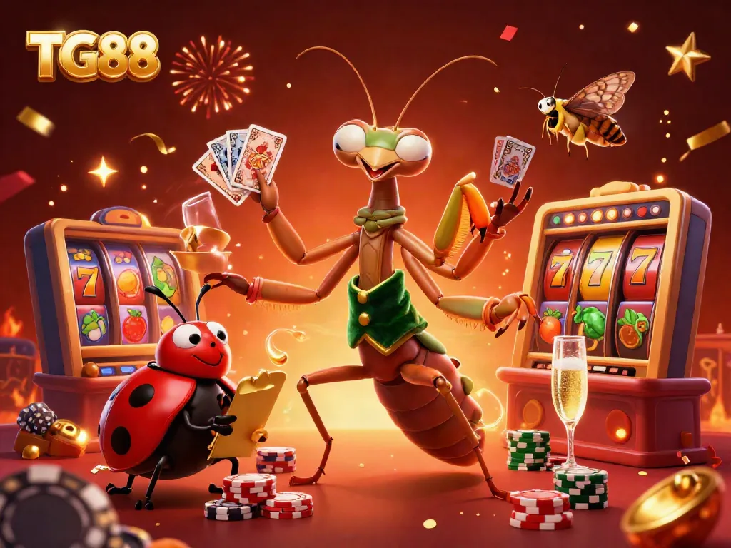 Play slots at TG88 with a lively scene featuring a giant mantis dealer, vibrant casino elements, and festive effects.
