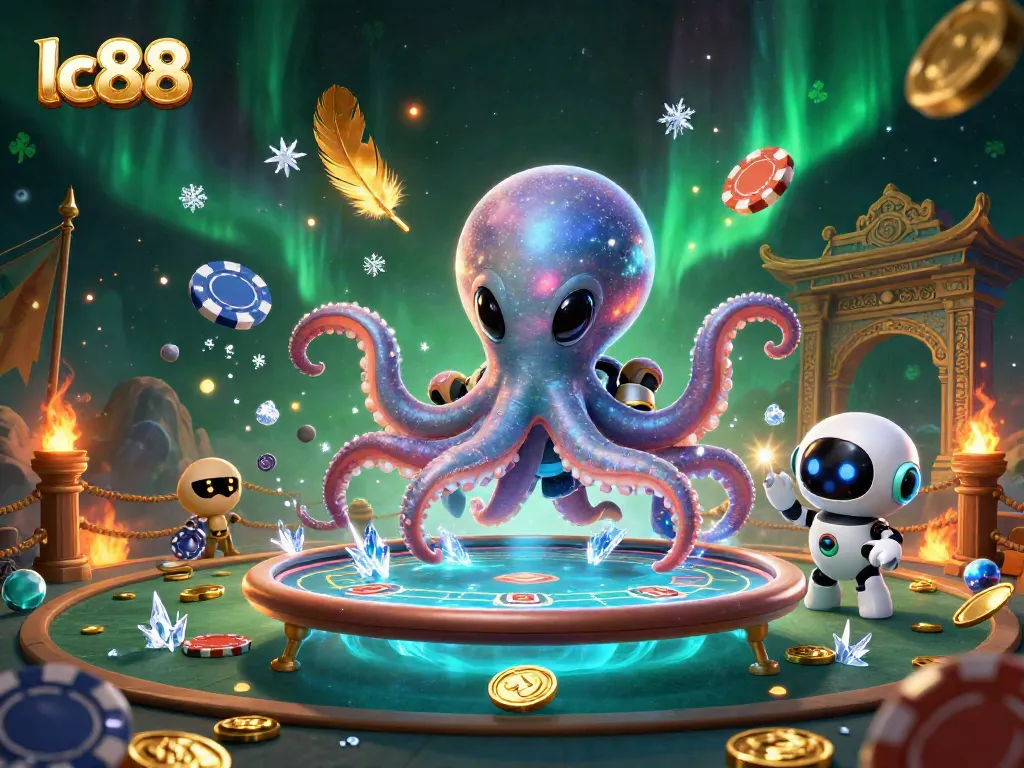 Engage in thrilling poker action with lc88's vibrant casino scene featuring an alien octopus and holographic table