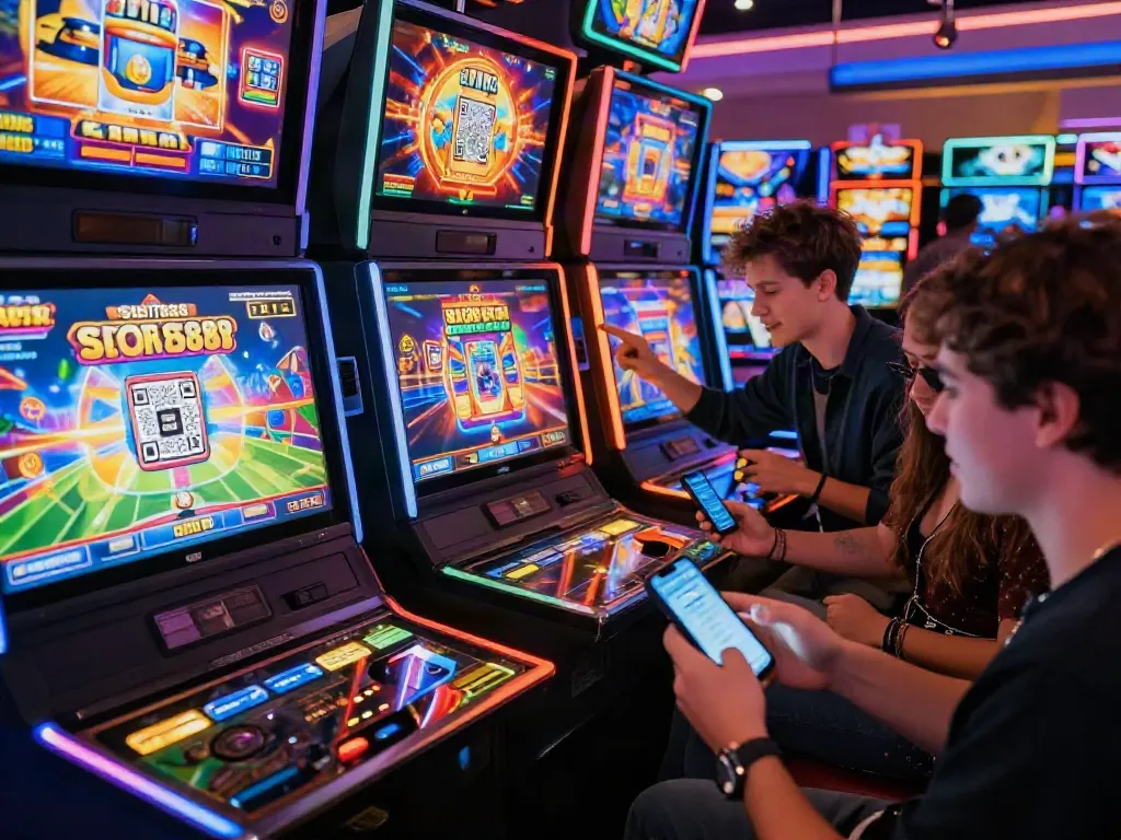 Players engaging with slot games on SLOT888 platform, showcasing vibrant graphics and QRIS payment integration.