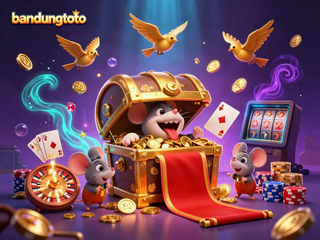 Experience excitement with bandungtoto's vibrant gaming scene, showcasing a treasure chest, coins, and colorful poker elements.