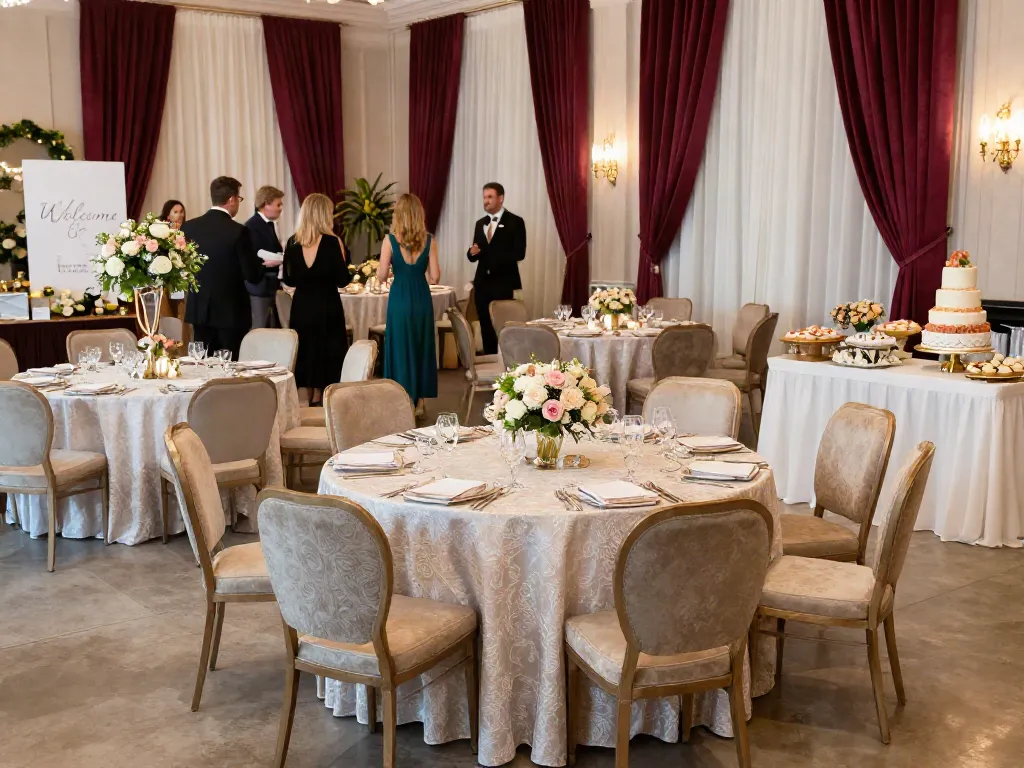 Event furniture rental setup featuring elegant tables and chairs for a lavish banquet.