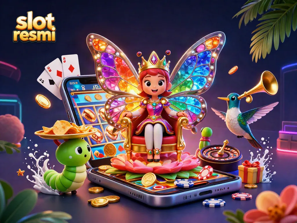 Play exciting games on slot resmi with a vibrant casino scene featuring enchanting characters and dynamic elements.
