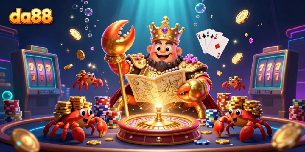 Join the excitement at da88 with a vibrant underwater casino scene featuring a golden crab emperor and sparkling treasures.
