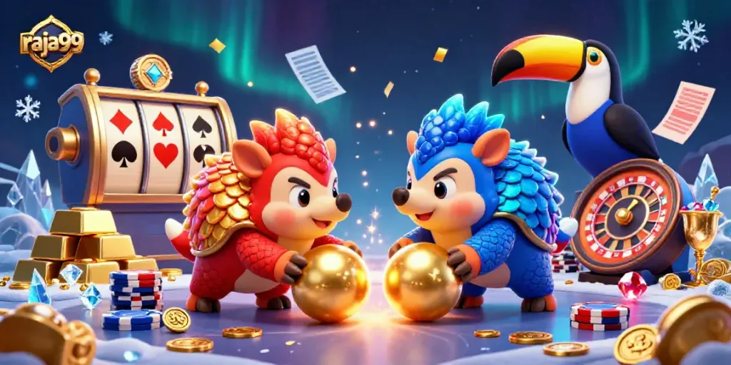 Engage with raja99's thrilling casino atmosphere featuring animated pangolins rolling through poker chips.