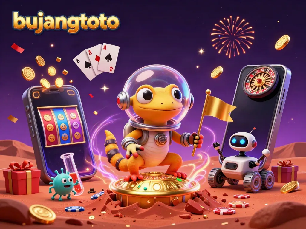 Bujangtoto showcases a colorful slot theme with a Martian gecko and casino elements celebrating big wins.