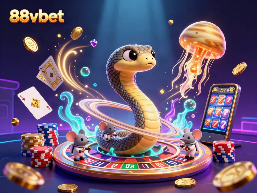 Bet on 88vbet's cosmic casino experience featuring a roulette wheel snake and vibrant gaming elements.