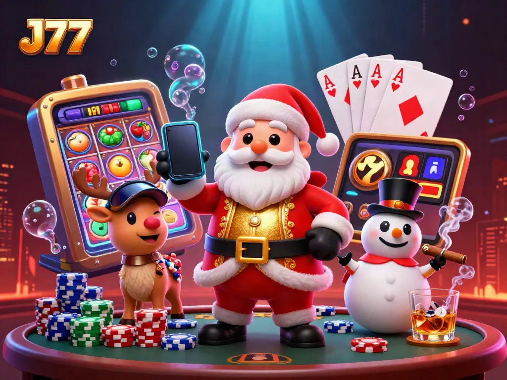 Engage with J77's vibrant casino scene with Santa, a reindeer dealer, and a poker chip snowman.