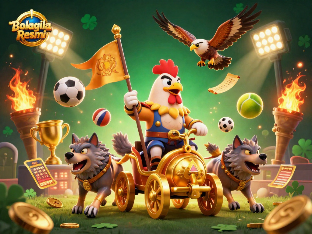 Engage in thrilling wins with Bolagila Resmi as the rooster warlord leads the charge in this dynamic casino scene.