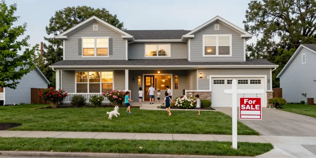 Charming property for sale featuring a modern home with a welcoming yard and family enjoying the space, highlighting real estate offerings.