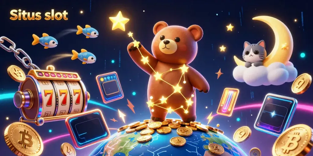 Experience thrilling Situs slot gameplay with a constellation bear and vibrant gaming elements.