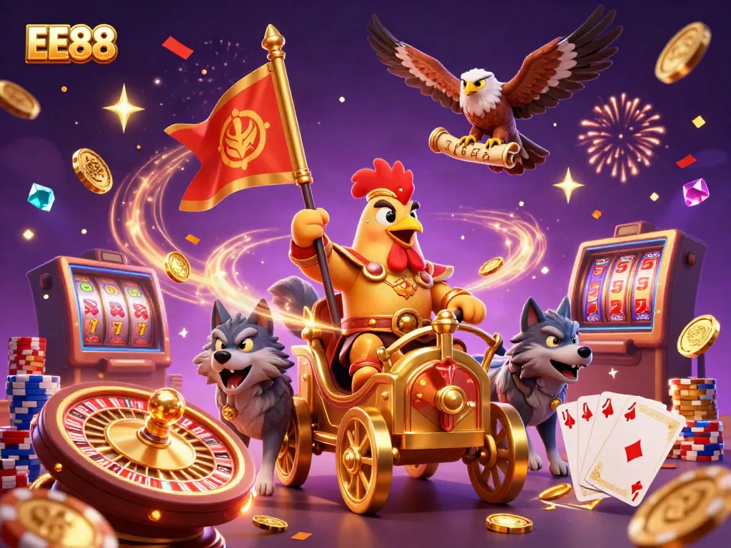 Experience the excitement of casino games with the dynamic EE88 scene featuring golden chariot and thrilling elements.