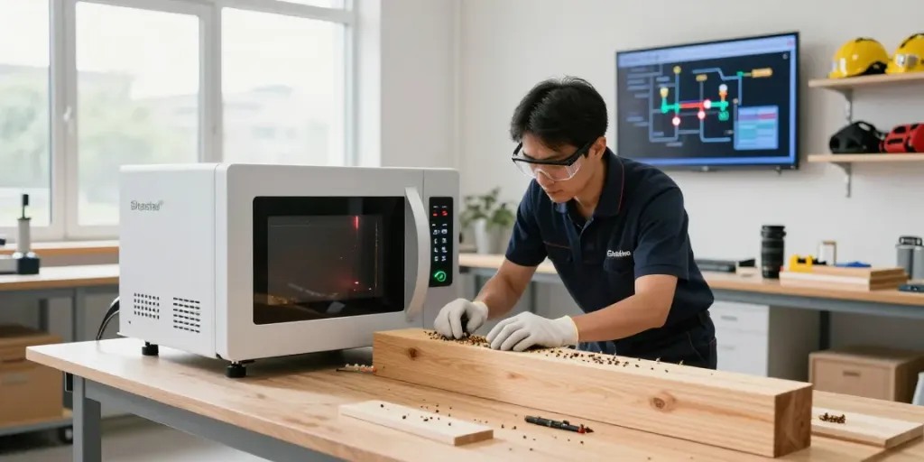 Shashel® microwave treatment expert eliminating woodboring insects in a modern workshop