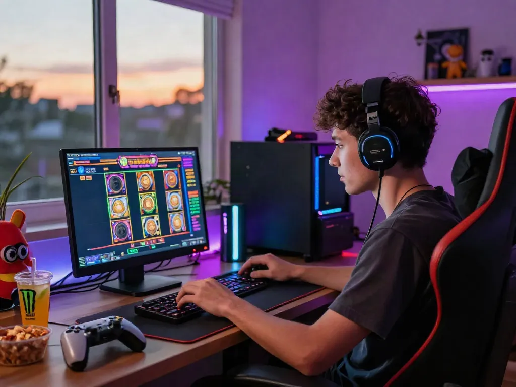 Player engaged in a thrilling slot game experience on a modern gaming laptop, showcasing vibrant graphics and gaming setup.