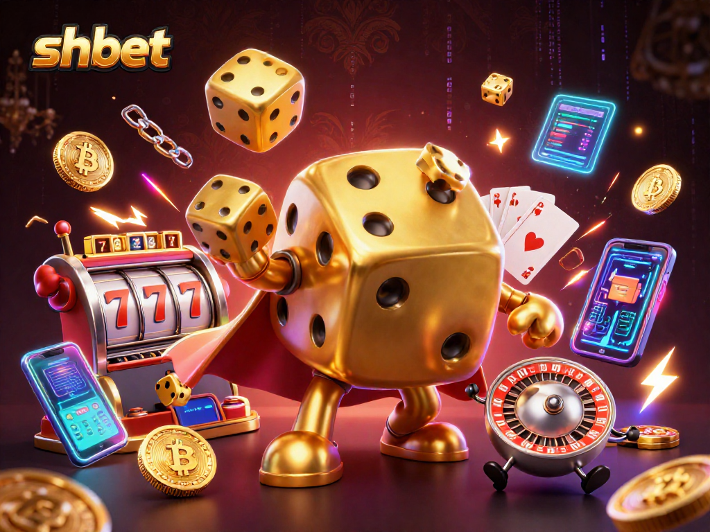 Engage in exciting shbet adventures with a vibrant 3D casino scene featuring golden dice and crypto elements.