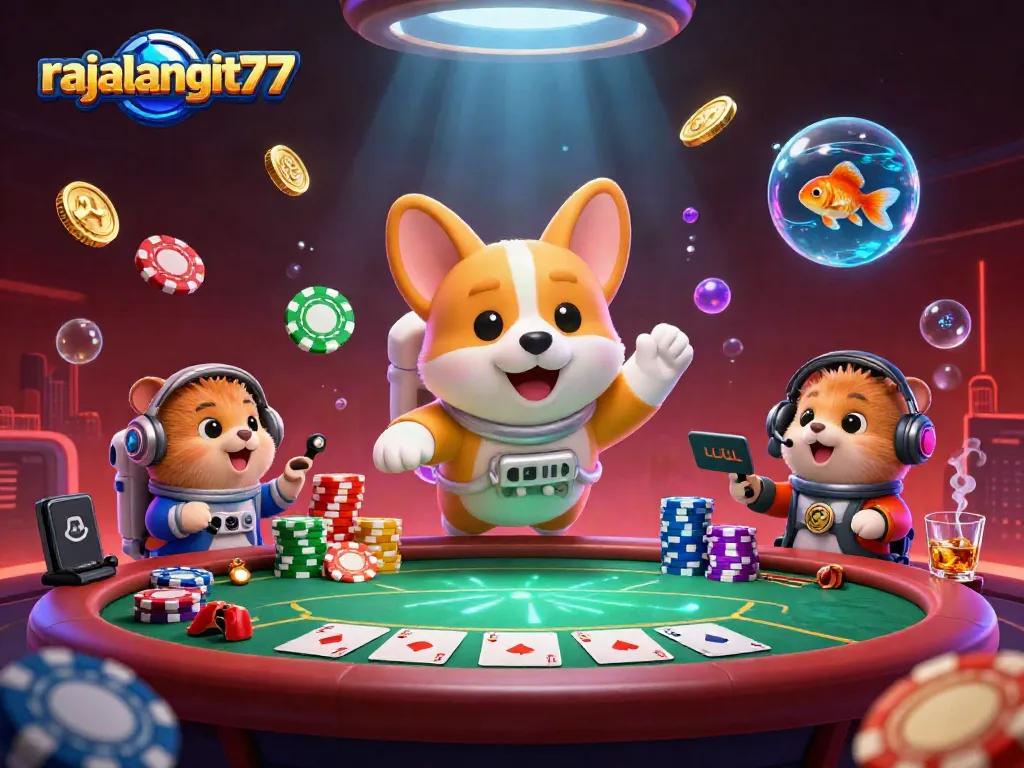 Play poker with rajalangit77 in a vibrant 3D space casino, featuring adorable characters.