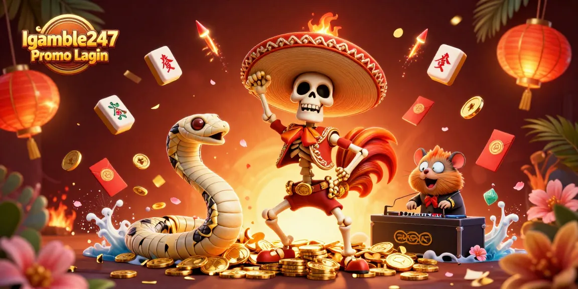 Igamble247 Promo Login showcases a joyful skeleton mariachi rooster dancing on gold, with vibrant casino elements.